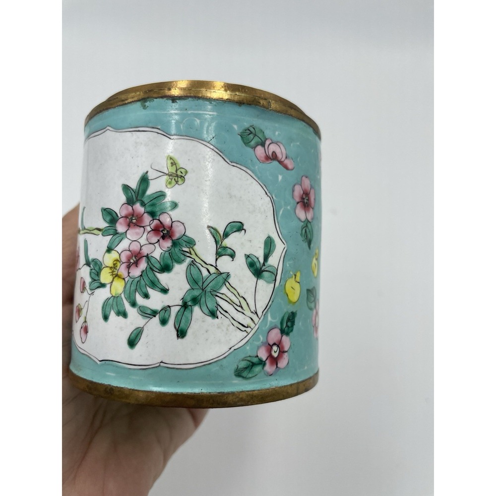 Antique Chinese Canton Enamel Round Lidded Tea Caddy Hand-Painted Birds Flowers - Picture 9 of 13
